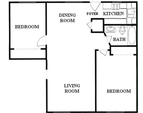 Floor plan for 2 beds, 1 bath, 756 sqft